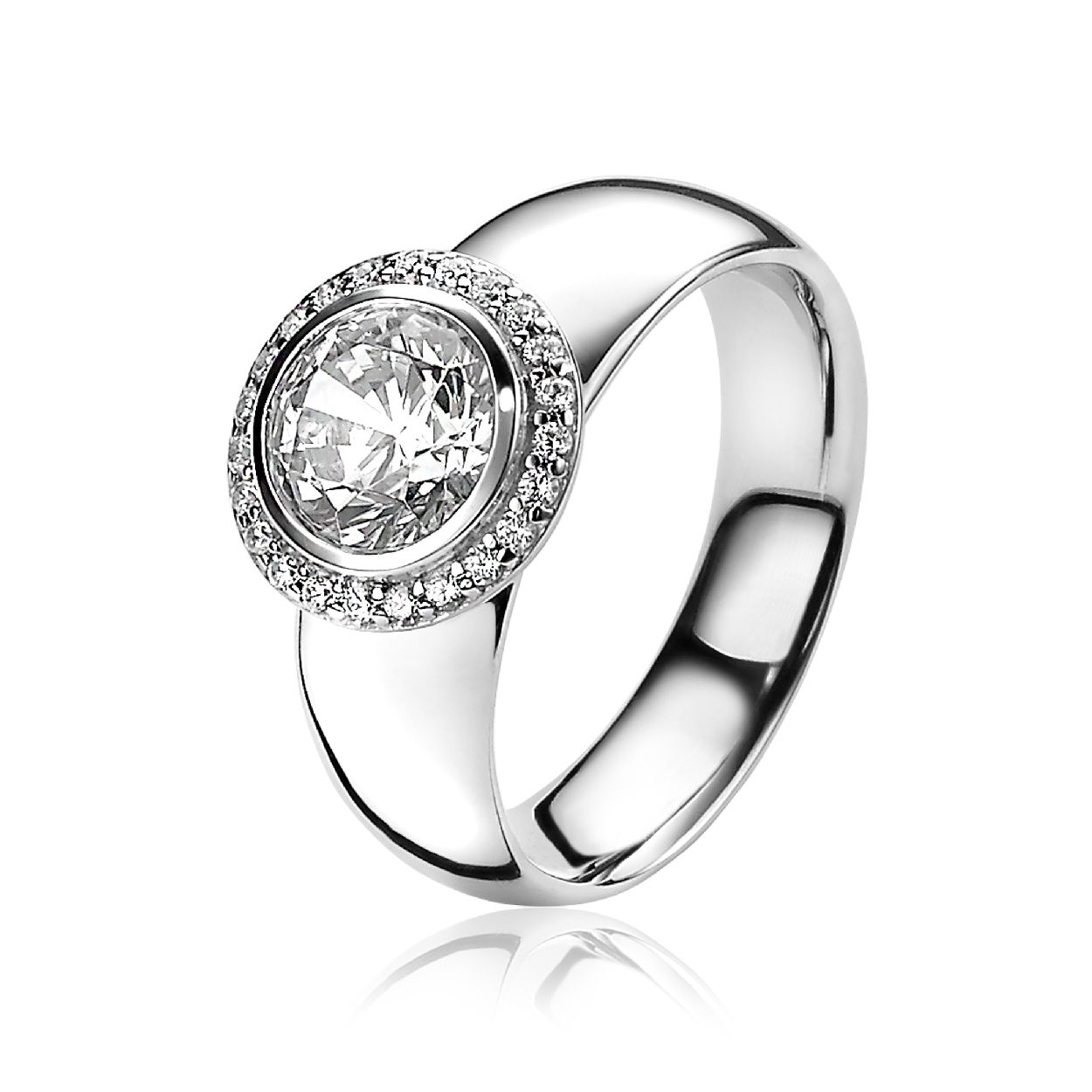 ZINZI zilveren luxueuse ring met grote ronde witte zirconia, waarbij de rand bezet is met kleine witte zirconia's. Vervaardigd van eerste gehalte zilver (925) en met extra rodiumlaag voor een langdurige glans.