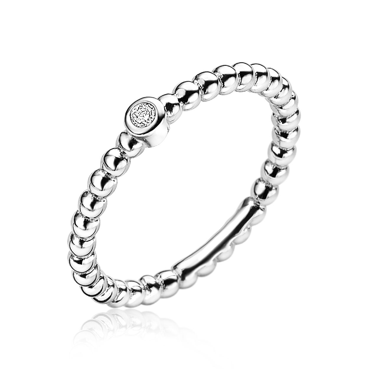 ZINZI zilveren aanschuifring met bolletjes motief. De ronde topzetting is bezet met een witte zirconia. Gemakkelijk te combineren met andere zilveren Zinzi aanschuifringen. Mix & match! ZIR1672-54