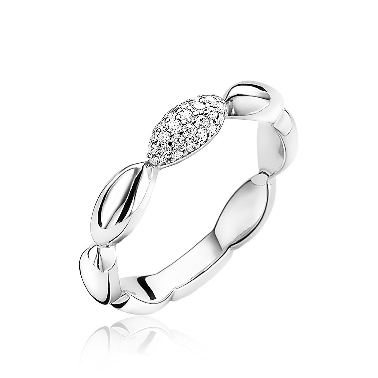 ZINZI zilveren ring met druppelvormig motief. De druppelvorm in het midden van de ring is vol bezet met witte zirconia's. De ring is vervaardigd van eerste gehalte zilver (925) en met extra rodiumlaag voor mooie glans.