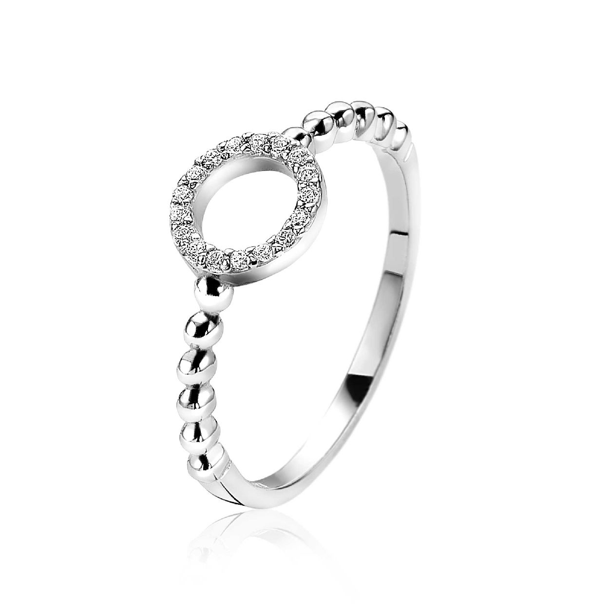 ZINZI zilveren ring met open rondje, bezet met witte zirconia's. Aan beide zijden van het open rondje zijn 5 gladde bolletjes gezet. Een subtiele en hippe ring! Vervaardigd van eerste gehalte zilver (925) en met extra rodiumlaag voor een langdurige glans.