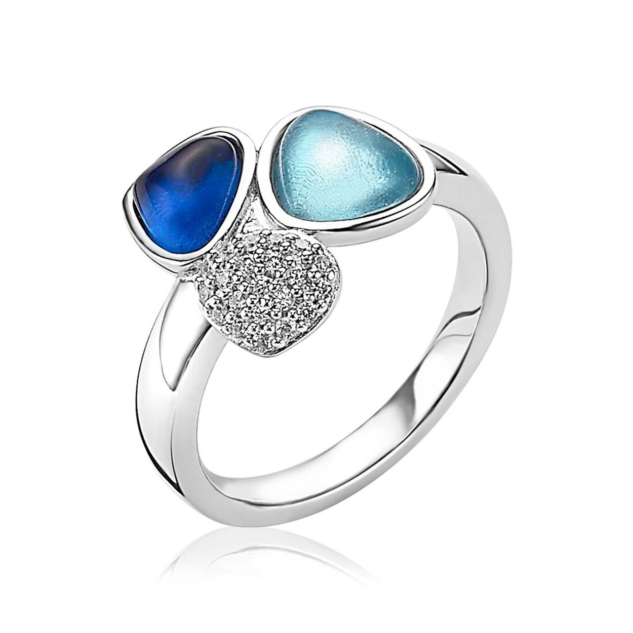 ZINZI zilveren opvallende ring met drie verschillende driehoeksvormen: een combinatie van de zomerse kleuren donkerblauw, turquoise en wit. Vervaardigd van eerste gehalte zilver (925) en met extra rodiumlaag voor een langdurige glans.