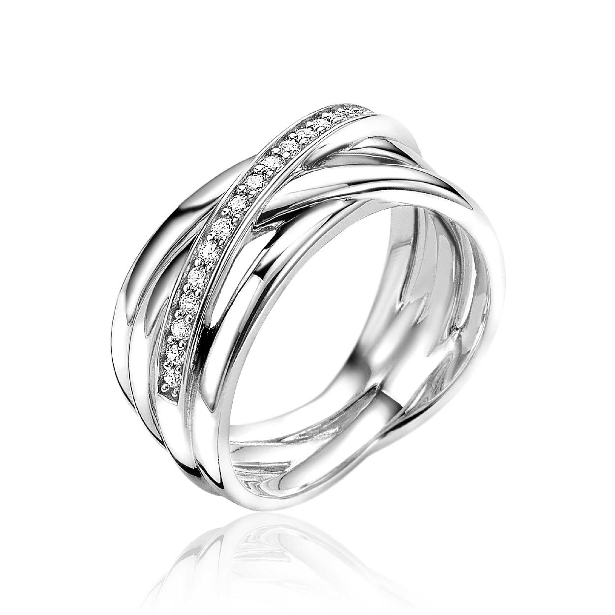 ZINZI zilveren brede cross-over ring, waarbij drie gladde banden en een band bezet met witte zirconia's elkaar kruisen. De ring is vervaardigd van eerste gehalte zilver (925) en voorzien van een extra rodium laag voor een langdurige glans.