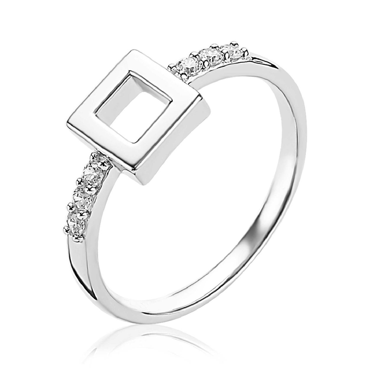 ZINZI zilveren ring met open vierkante vorm. Aan beide zijden is de ring sierlijk bezet met witte zirconia's. Vervaardigd van eerste gehalte zilver (925) en voorzien van extra rodium laag voor een witgoudkleurige glans.