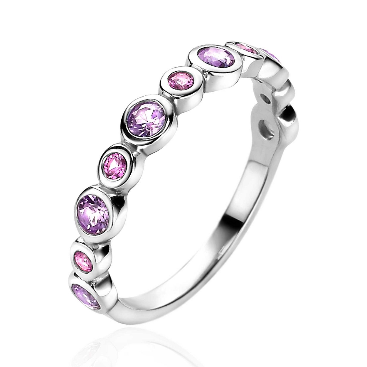 ZINZI zilveren ring met ronde zettingen bezet met roze en paarse zirconia's. De afwisseling van grootte en kleur geeft de ring een vrolijke en zomerse uitstraling. Deze ring is gemakkelijk te combineren met andere aanschuifringen aan de vinger. Vervaardigd van eerste gehalte zilver (925) en voorzien van een extra rodiumlaag voor een langdurige glans.