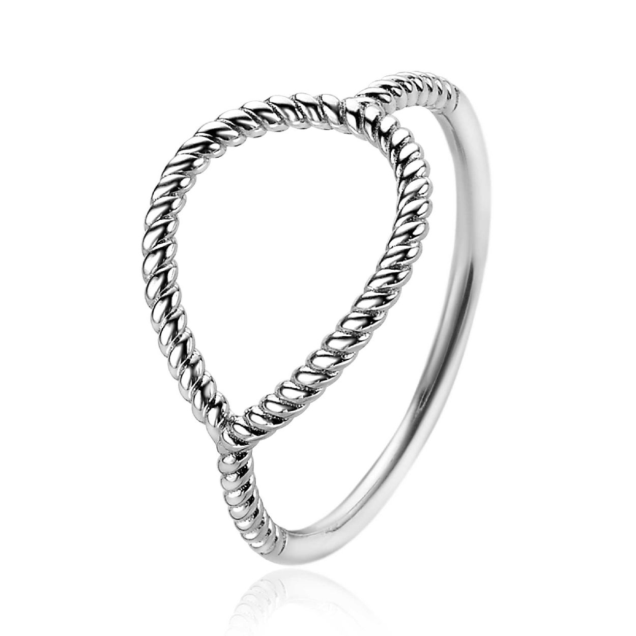ZINZI zilveren ring met een grote open druppelvorm. De druppelvorm heeft een mooi gedraaid effect. Vervaardigd van eerste gehalte zilver (925) en voorzien van een extra rodiumlaag voor een langdurige glans.