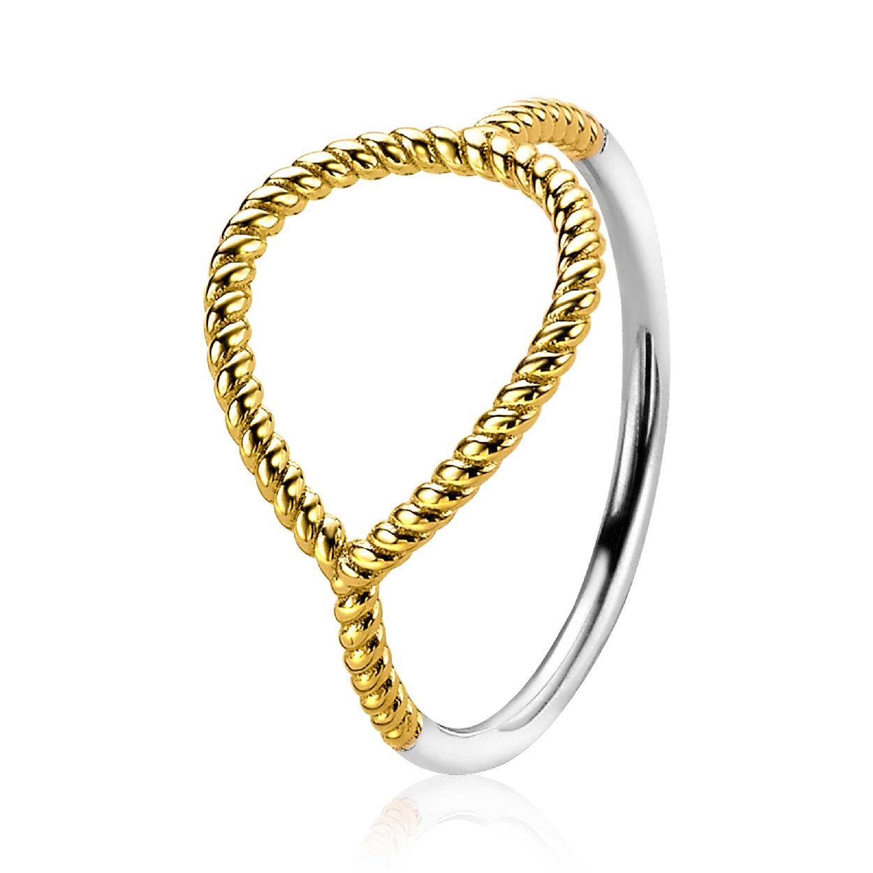 ZINZI zilveren ring geel verguld met een grote open druppelvorm. De druppelvorm heeft een mooi gedraaid effect. Vervaardigd van eerste gehalte zilver (925) en voorzien van een extra geelgoudkleurige laag.