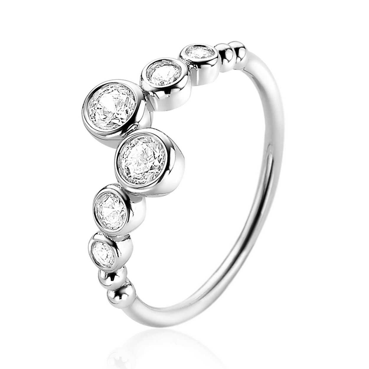 ZINZI zilveren ring met ronde zettingen in diverse grootten. De zettingen zijn sierlijk bezet met witte zirconia's. De fantasie verdeling van de ronde zettingen zorgt voor een mooi effect aan de vinger. Vervaardigd van eerste gehalte zilver (925) en voorzien van een extra rodiumlaag voor een langdurige glans.