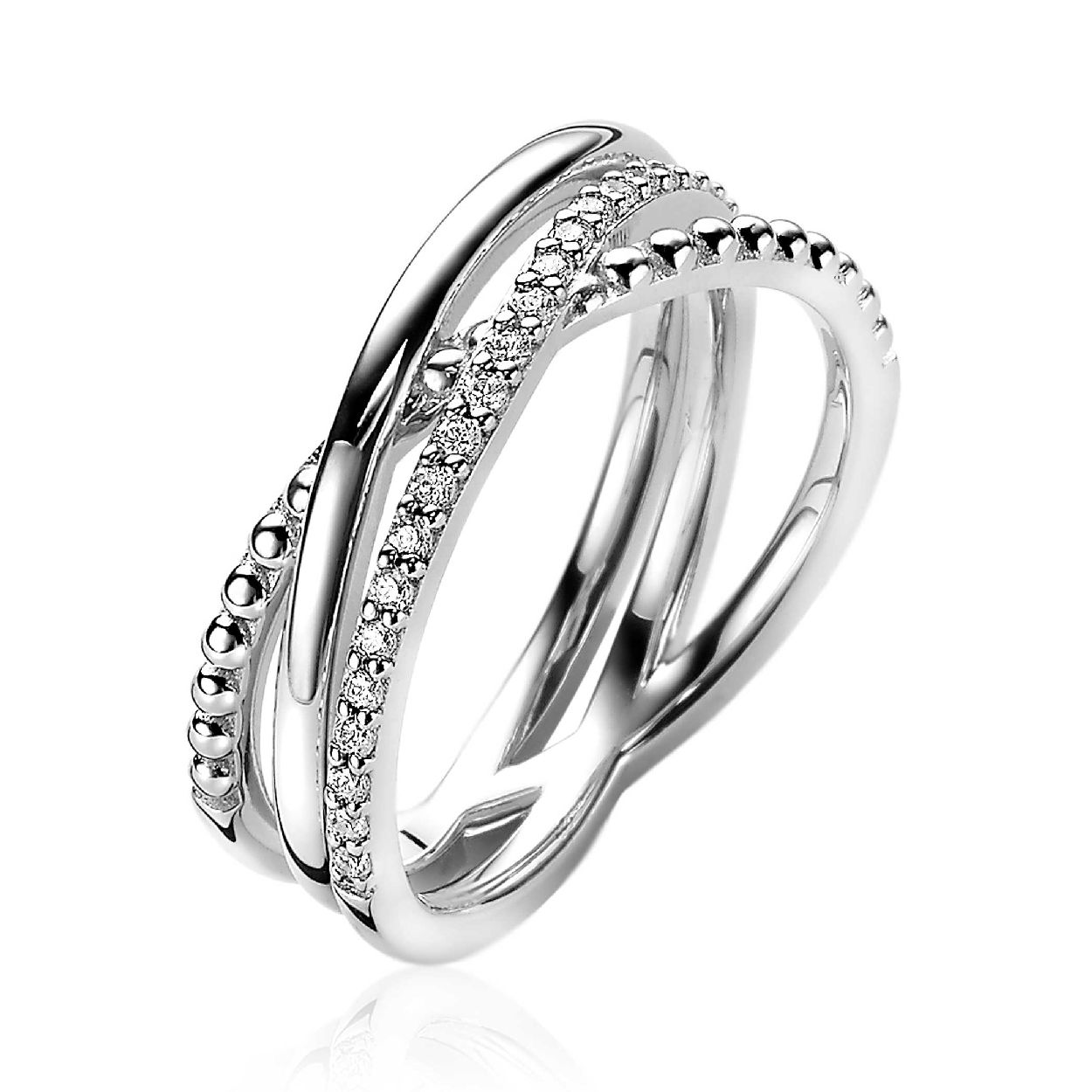 ZINZI zilveren luxe cross-over ring. Een mooie combinatie van drie ringen, waarbij de gladde ring én de vol bezette ring over de bolletjes ring heen gaan. Vervaardigd van eerste gehalte zilver (925) en met extra rodiumlaag voor een langdurige glans.