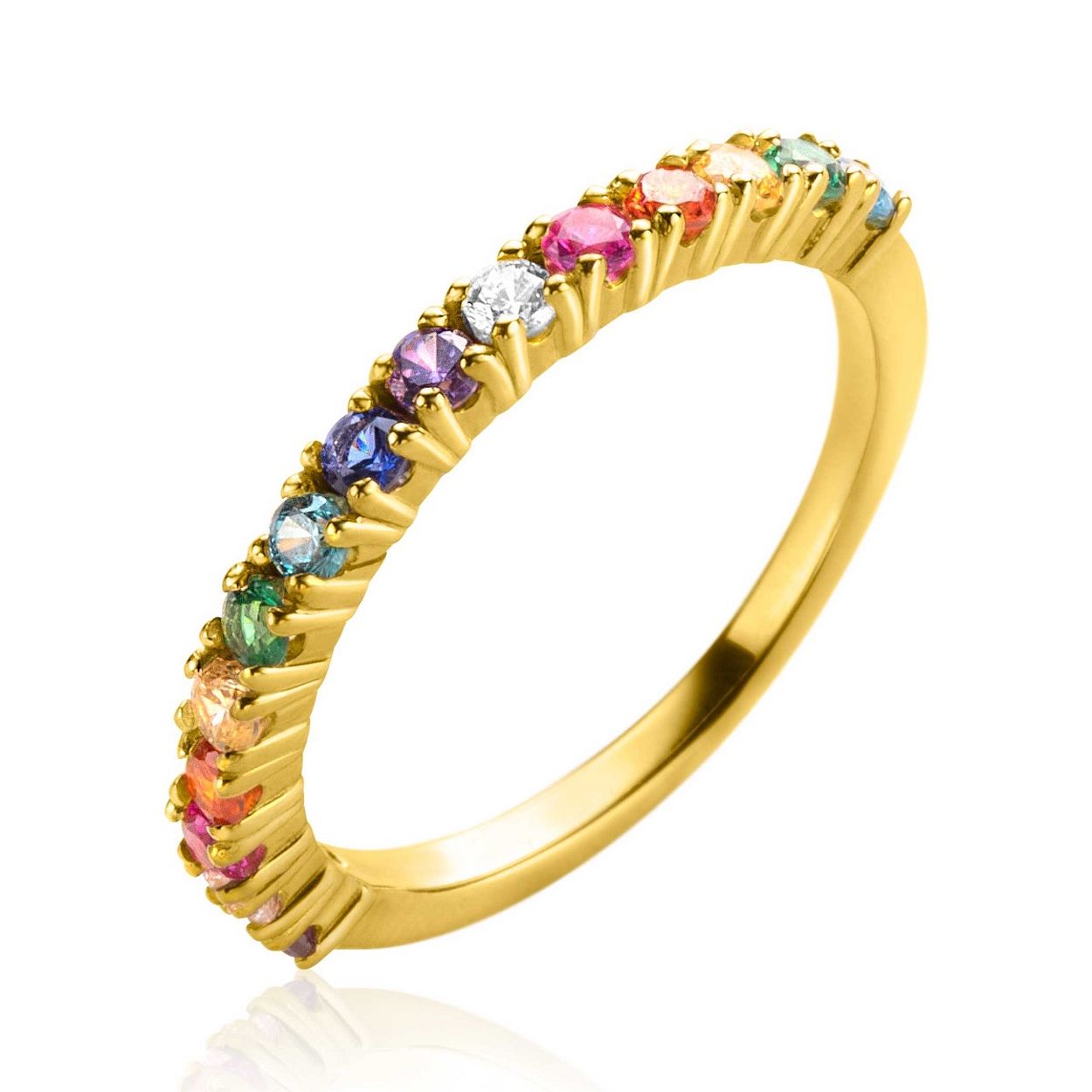 ZINZI gold plated zilveren aanschuifring van 2,5mm breed met een regenboog aan kleurstenen. Een kleurrijke ring! De ring is vervaardigd van eerste gehalte zilver (925) en voorzien van een extra 14K geel vergulding.