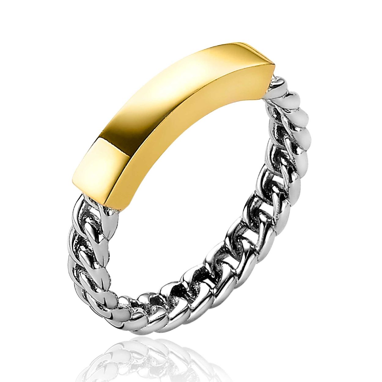 ZINZI zilveren ring met gourmet schakels en aan de bovenzijde een vierkant afgewerkte 14K geel verguld glanzend staafje. Op het staafje is eventueel een gravure te zetten door de juwelier. Vervaardigd van eerste gehalte zilver (925) en voorzien van een extra rodiumlaag voor een langdurige glans en extra 14K geel verguld.