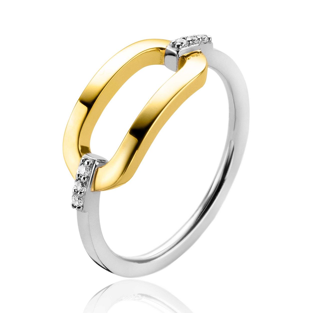 ZINZI zilveren ring met een grote, extra 14K geel vergulde open ovaalvorm, die aan weerszijden bezet is met drie ingelegde witte zirconia's. Deze sierlijke ring maakt elke outfit compleet en laat zich bovendien prachtig combineren. Maak je look compleet met de bijpassende hanger en oorsieraden! Vervaardigd van eerste gehalte zilver (925) en voorzien van een extra rodiumlaag voor een langdurige glans.
Zir2248-54