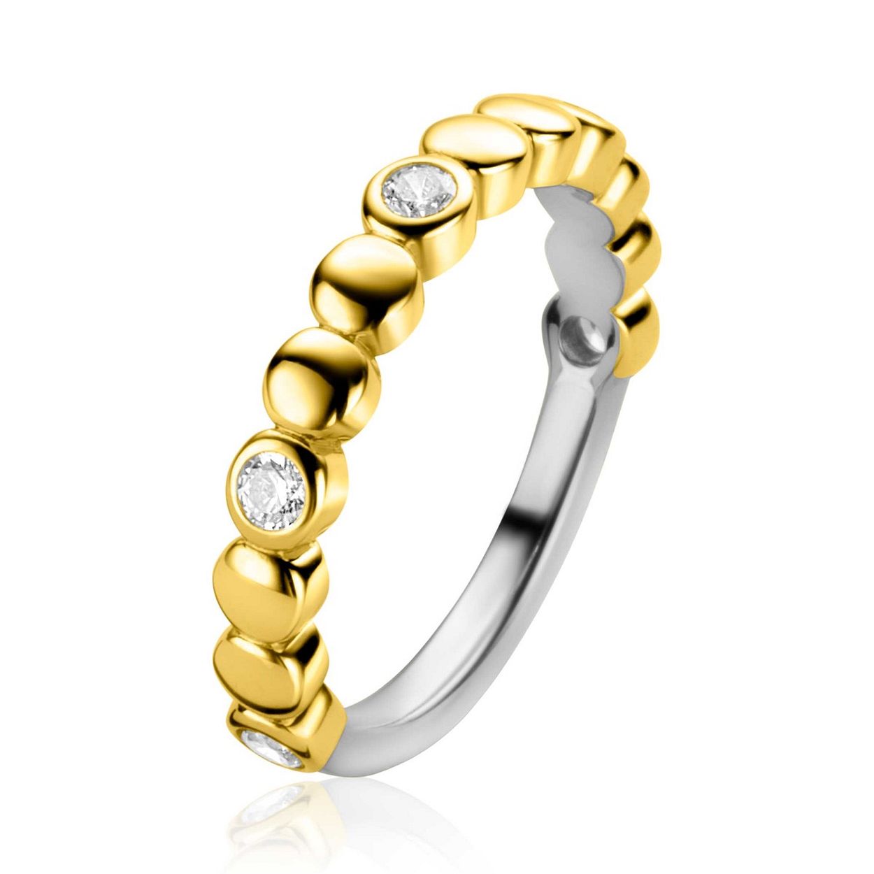 ZINZI gold plated zilveren aanschuifring met 3,5mm brede gladde rondjes en vijf witte zirconia's. De ring is gemakkelijk te mixen met andere Zinzi aanschuifringen. Vervaardigd van eerste gehalte zilver (925) en voorzien van een extra 14K geel vergulding.