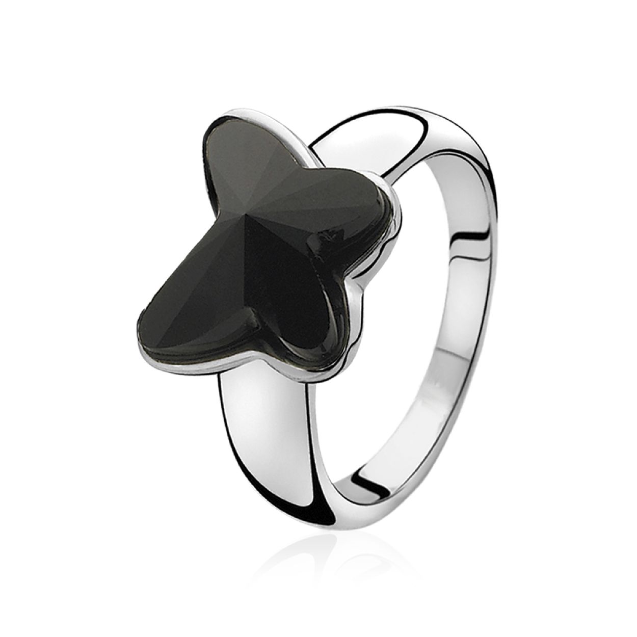 ZINZI zilveren ring met vlinder van zwart Swarovski crystal. Vervaardigd van eerste gehalte zilver (925) en met extra rodiumlaag voor een langdurige glans.
