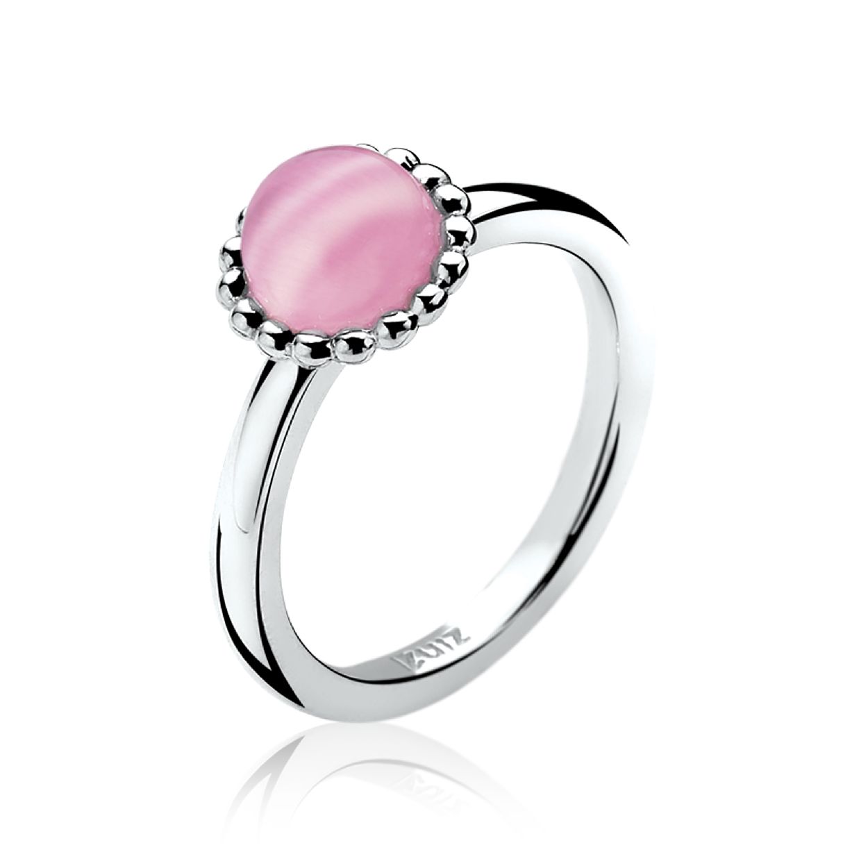 ZINZI zilveren ring met roze cateye omlijst met zilveren bolletjes. Vervaardigd van eerste gehalte zilver (925) en met extra rodiumlaag voor een langdurige glans.