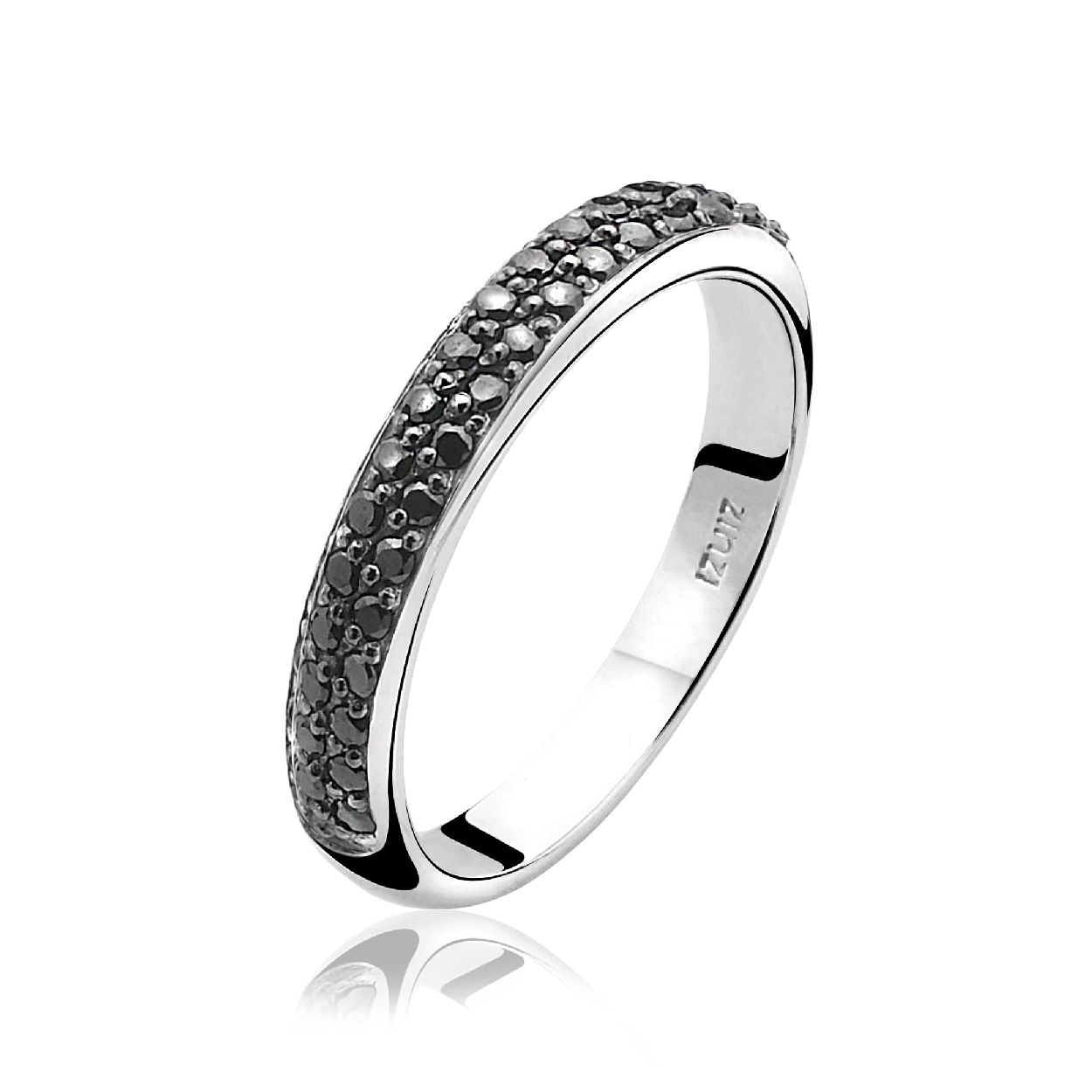 ZINZI zilveren ring, sierlijk bezet met 2 rijen pavé zwart gekleurde zirconia's. Leuk en gemakkelijk te combineren met andere zilveren sieraden. Alle zilveren sieraden van Zinzi zijn vervaardigd van eerste gehalte zilver (925) en met een extra rodiumlaag voor mooie glans.