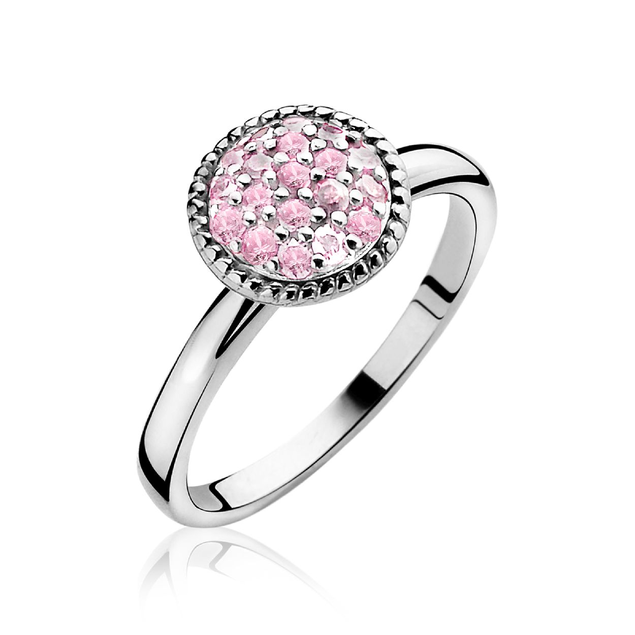 ZINZI zilveren ring rond model, met mooi bewerkte rand. Bezet met twintig schitterende pavé roze gekleurde zirconia's. Alle zilveren Zinzi sieraden zijn vervaardigd van eerste gehalte zilver (925) en zijn gerodineerd voor een mooi blijvende glans.