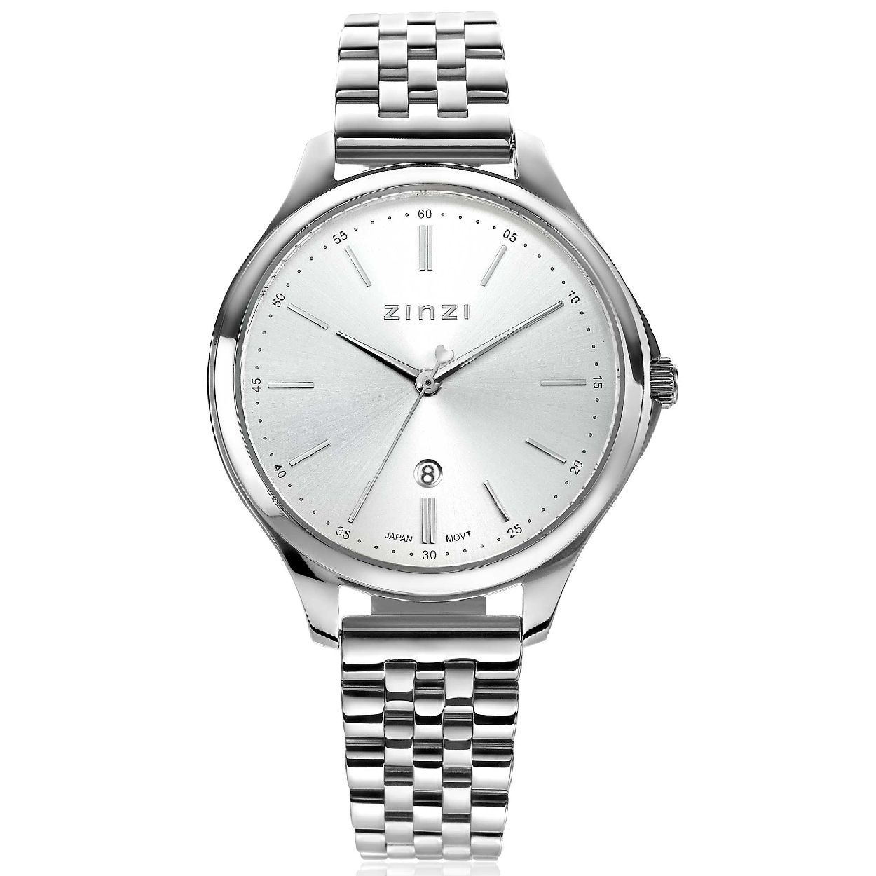 ZINZI Classy horloge 34mm zilverkleurige wijzerplaat stalen kast en band datum ziw1002