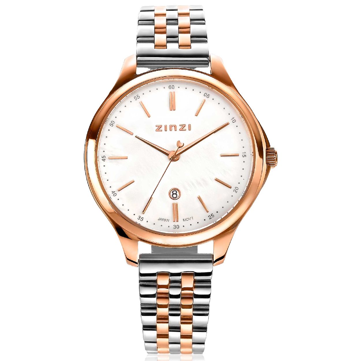 ZINZI Classy horloge 34mm wit parelmoer wijzerplaat rosegoudkleurige stalen kast en bicolor band, datum ziw1018