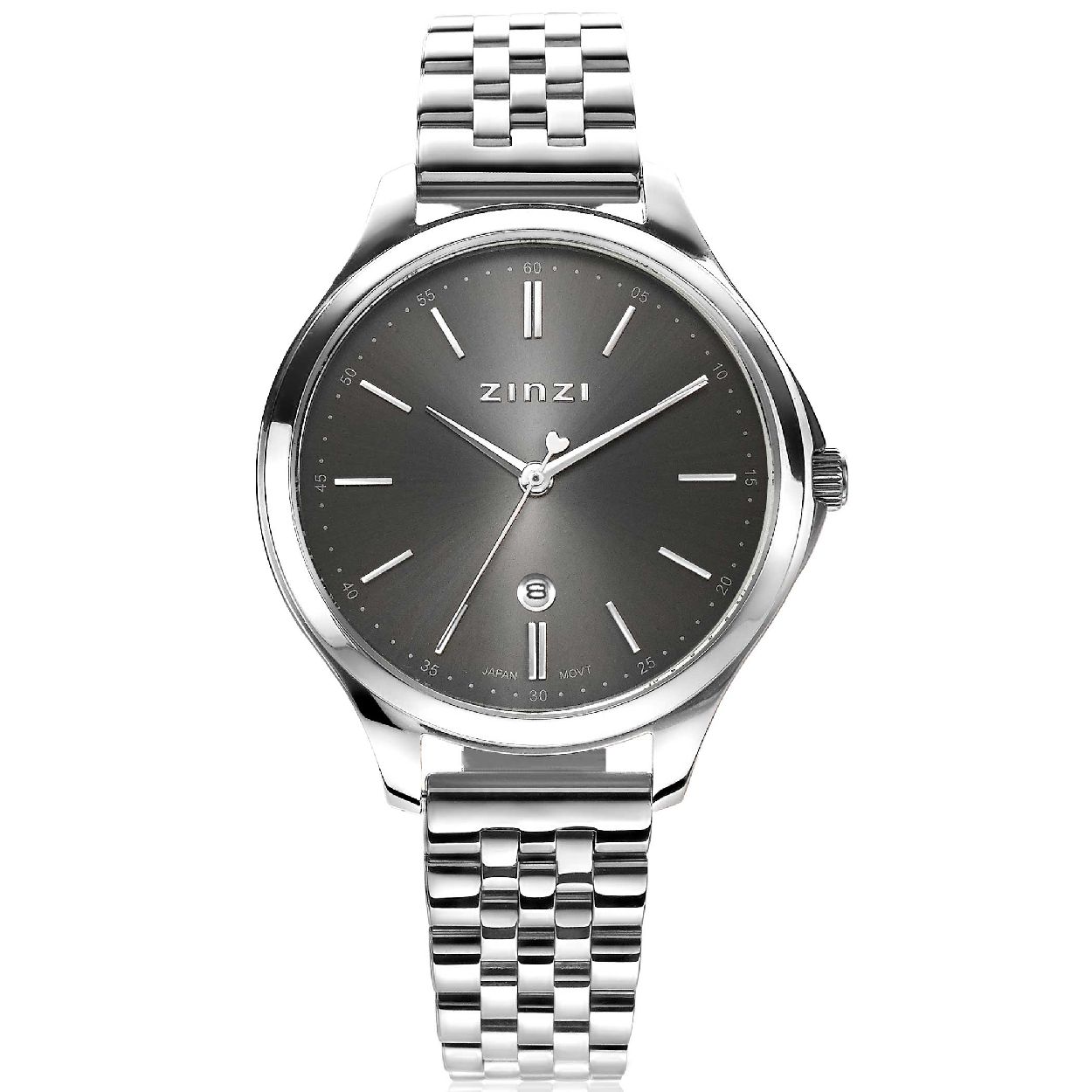 ZINZI Classy horloge 34mm grijze wijzerplaat stalen kast en band, datum ziw1024