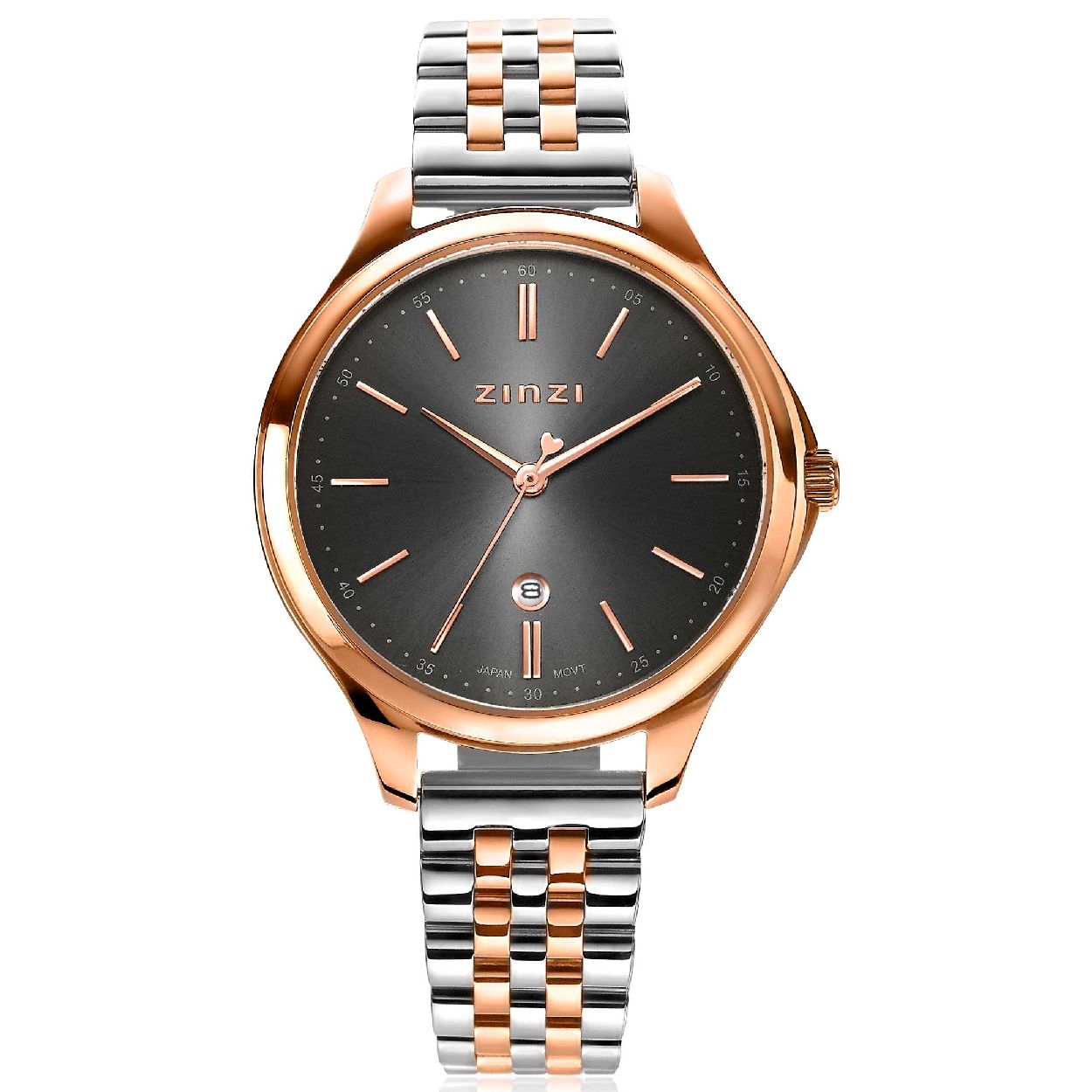 ZINZI Classy horloge 34mm grijze wijzerplaat rosegoudkleurige stalen kast en bicolor band, datum ziw1027