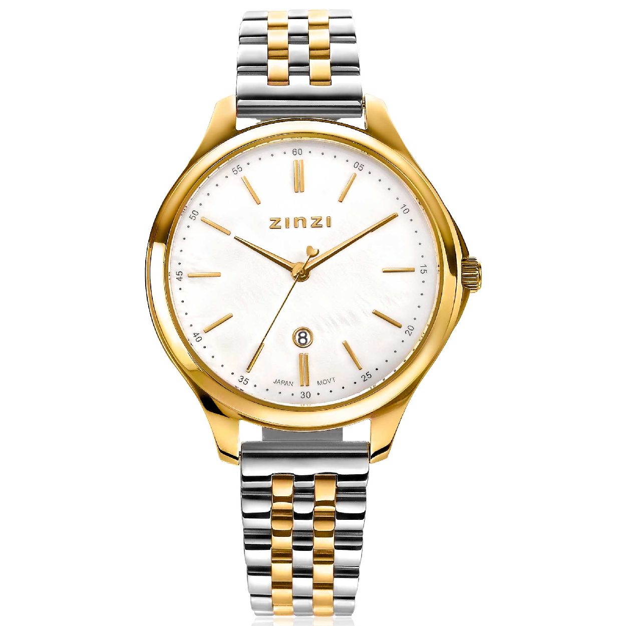 ZINZI Classy horloge 34mm wit parelmoer wijzerplaat goudkleurige stalen kast en bicolor band, datum ziw1034