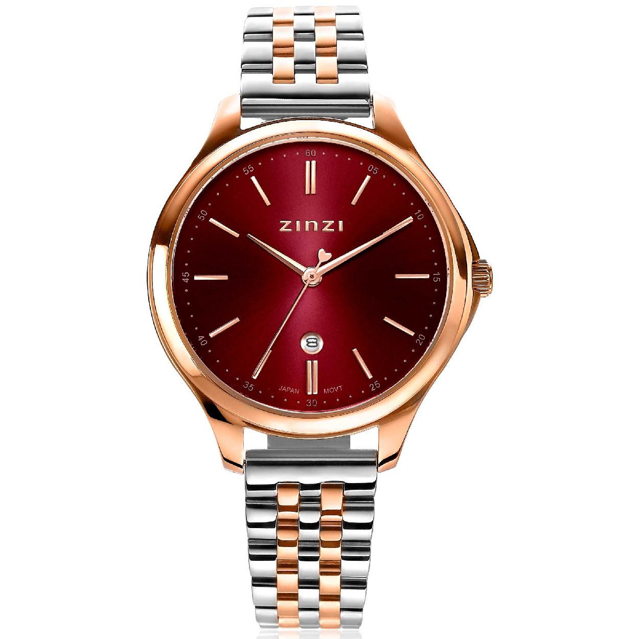 ZINZI Classy horloge 34mm donkerrode wijzerplaat rosegoudkleurige stalen kast en bicolor band, datum ziw1038