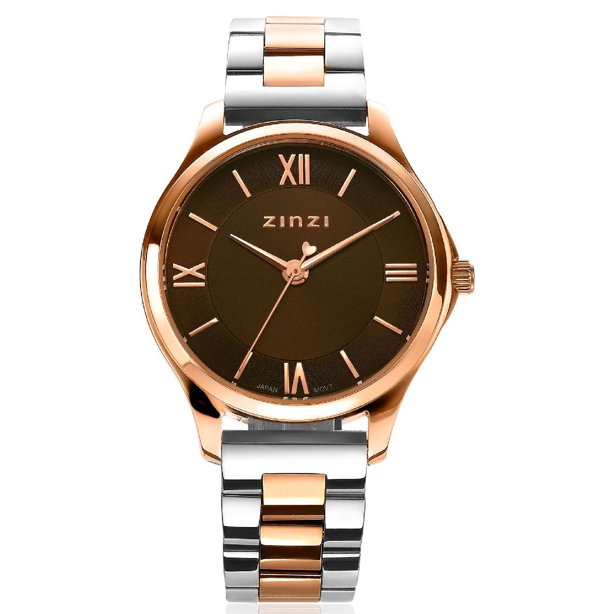 ZINZI Classy Mini horloge 30mm bruine wijzerplaat rosegoudkleurige stalen kast en bicolor band ziw1236