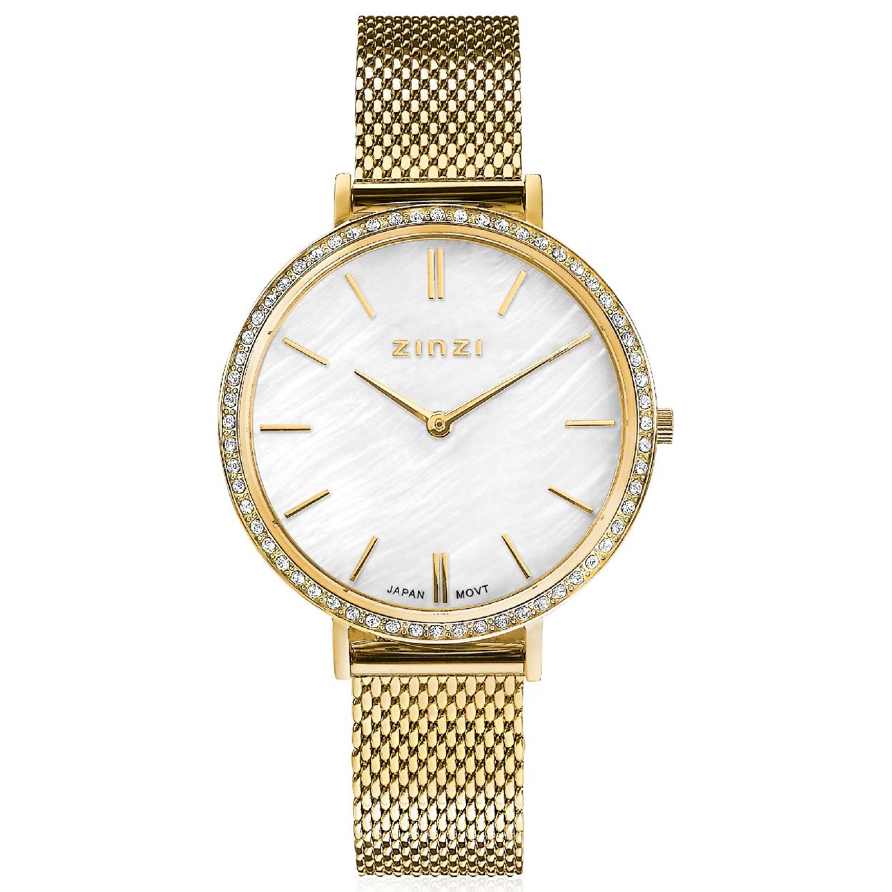 ZINZI horloge GRACE 34mm wit parelmoer wijzerplaat, rondom bezet met witte crystals,  goudkleurige stalen kast en band ziw1334