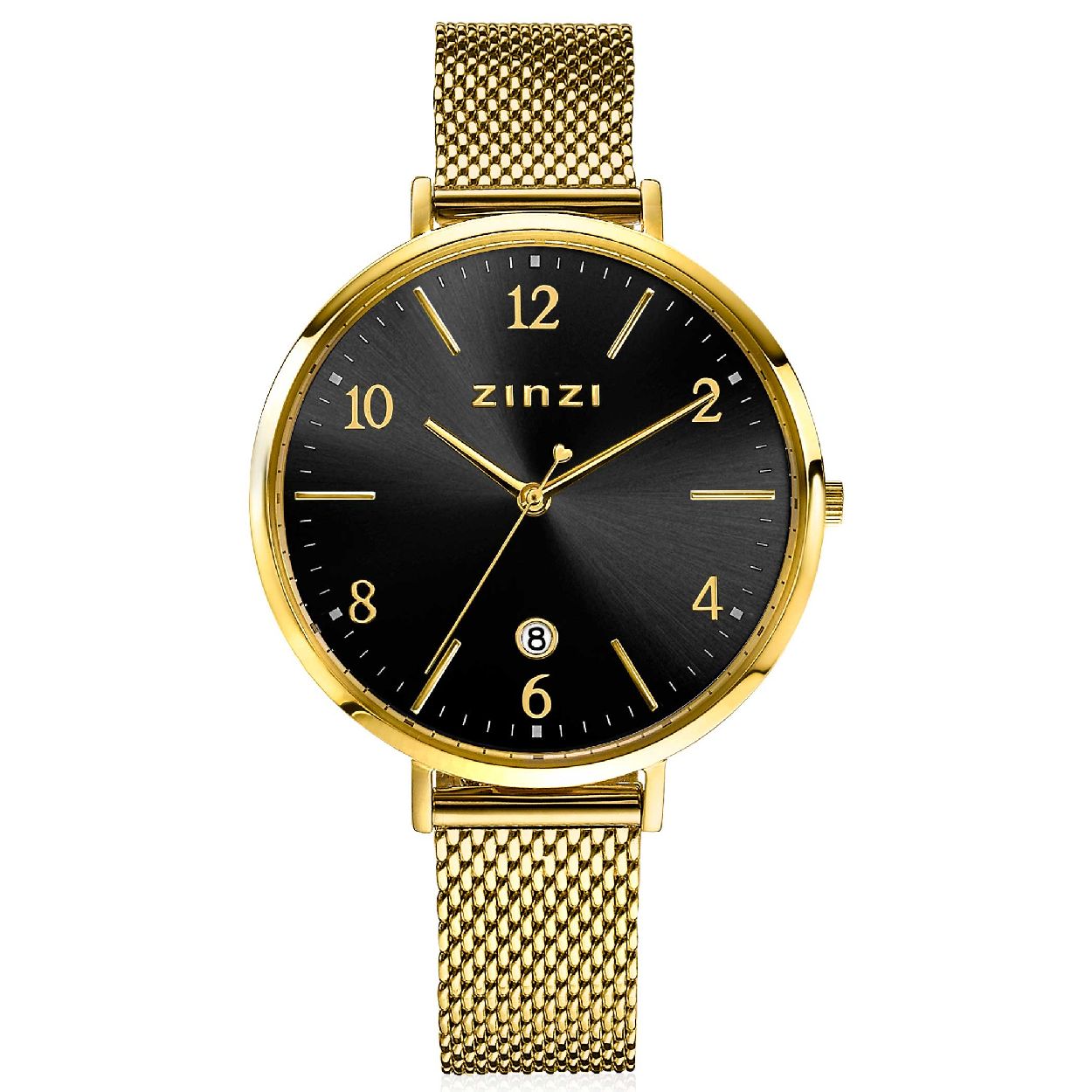 ZINZI horloge SOPHIE zwarte wijzerplaat met datum, goudkleurige kast 38mm, stalen mesh band 16mm ZIW1443