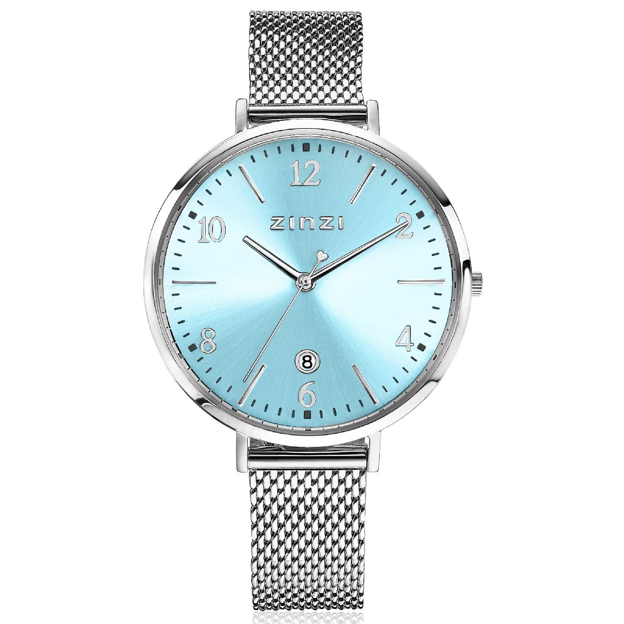 De SOPHIE watch is het nieuwste sophisticated dameshorloge van Zinzi. Het extra dunne Japanse uurwerk met datum en de platte ronde stalen zilvergekleurde kast (38mm) zorgen voor een elegante look. Voorzien van een Ice blue wijzerplaat met zilverkleurige cijfers en trendy stalen mesh band (14mm) in de kleur zilver. De band is eenvoudig te verwisselen door het handige schuifsysteem aan de achterkant. Leuk detail: de 'Zinzi' seconde wijzer met hartje en de speelse ronde dag-aanduiding. Ook 5atm waterbestendig (tegen regen en spatwater) en met sterk mineraal glas.