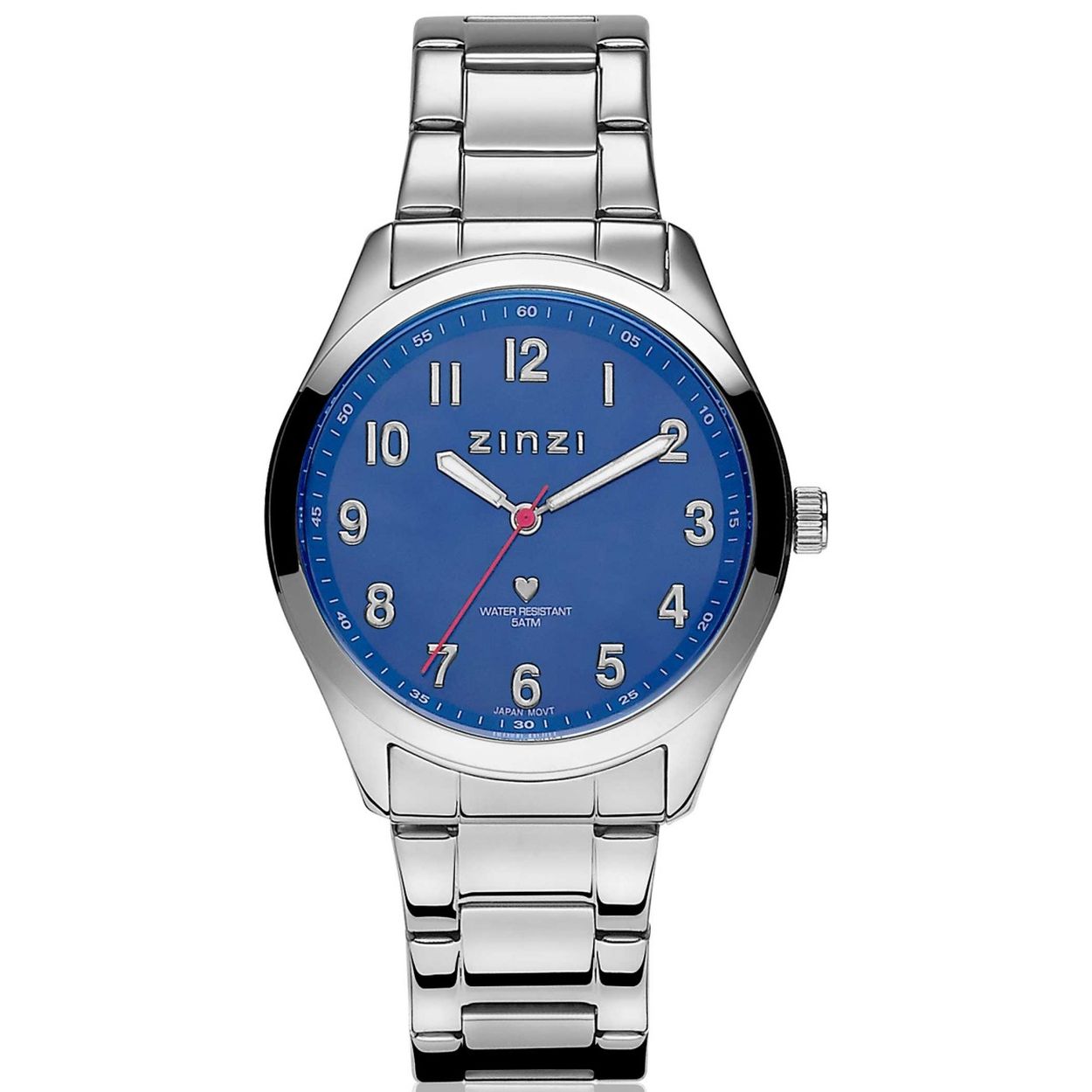 Dit trendy dames horloge van ZINZI is geheel van staal, met een 38mm kast. De blauwe wijzerplaat word beschermd door mineraalglas. En dit horloge heeft een Zinzi-roze seconde wijzer, dat maakt een leuk detail!
