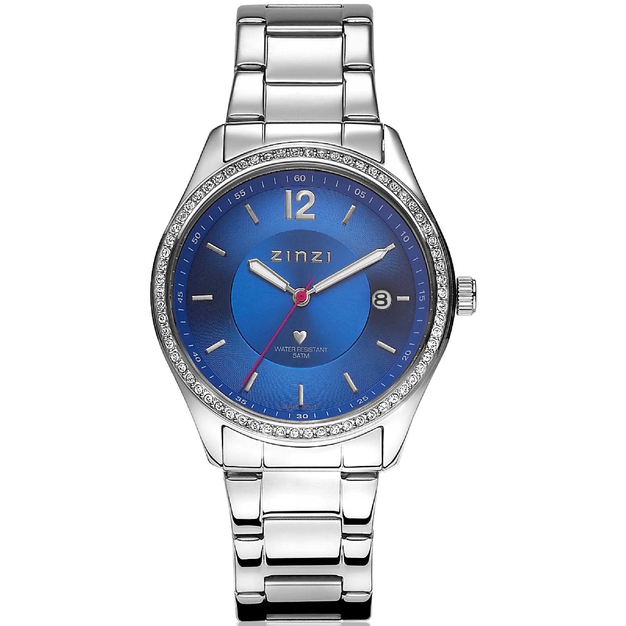 Zinzi horloge blauwe wijzerplaat stalen band zilverkleurig wit ZIW303