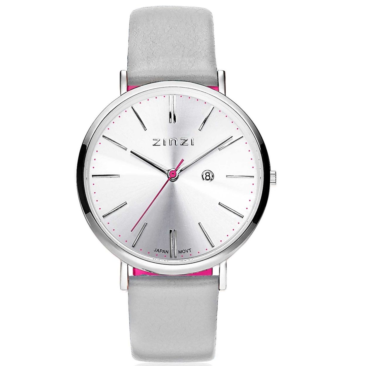 ZINZI Retro horloge zilvergekleurde wijzerplaat stalen kast lerenband lichtgrijs 38mm extra dun ZIW402LG