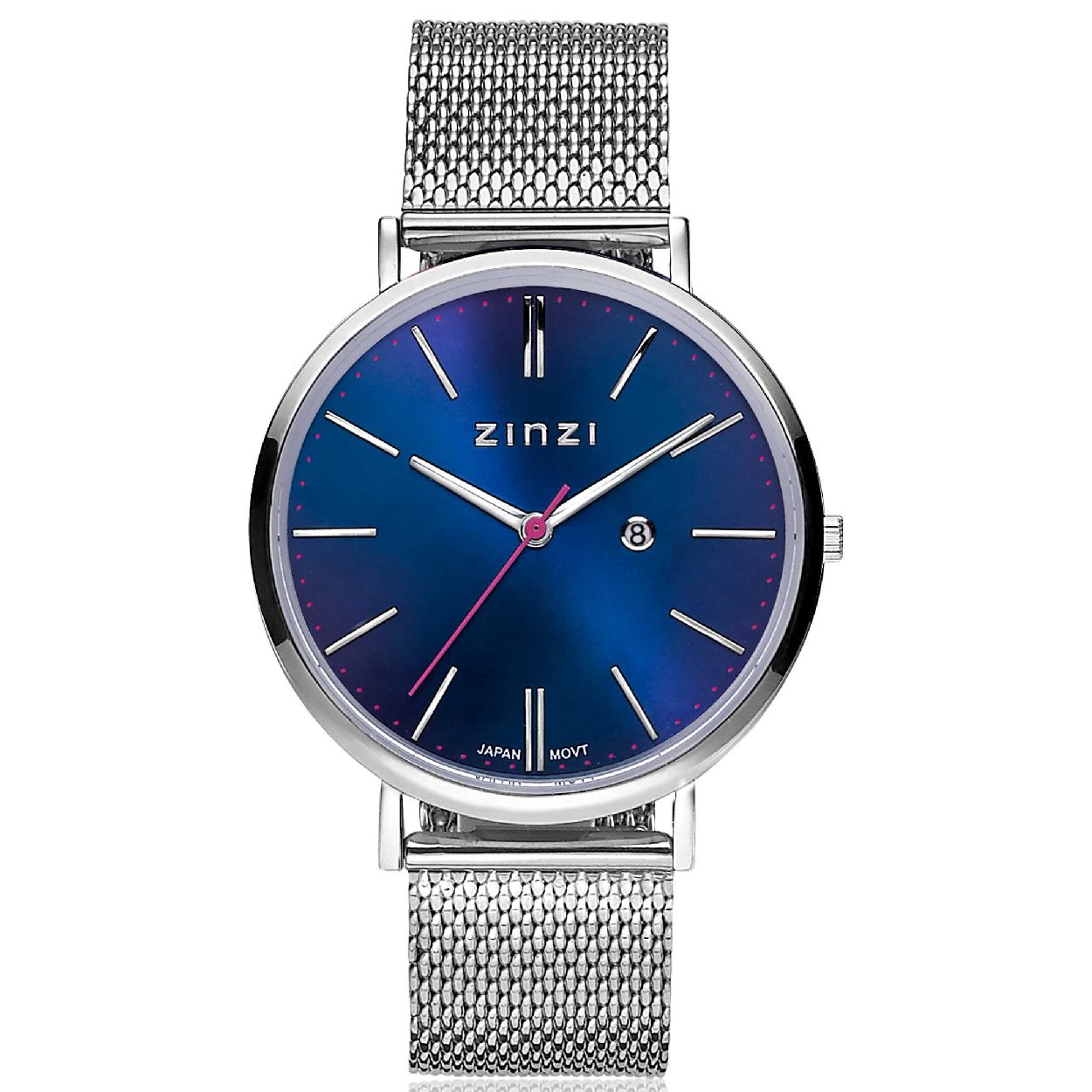 Zinzi Retro horloge donkerblauwe wijzerplaat stalen kast zilvergekleurd stalen mesh band zilvergekleurd 38mm extra dun ZIW403M