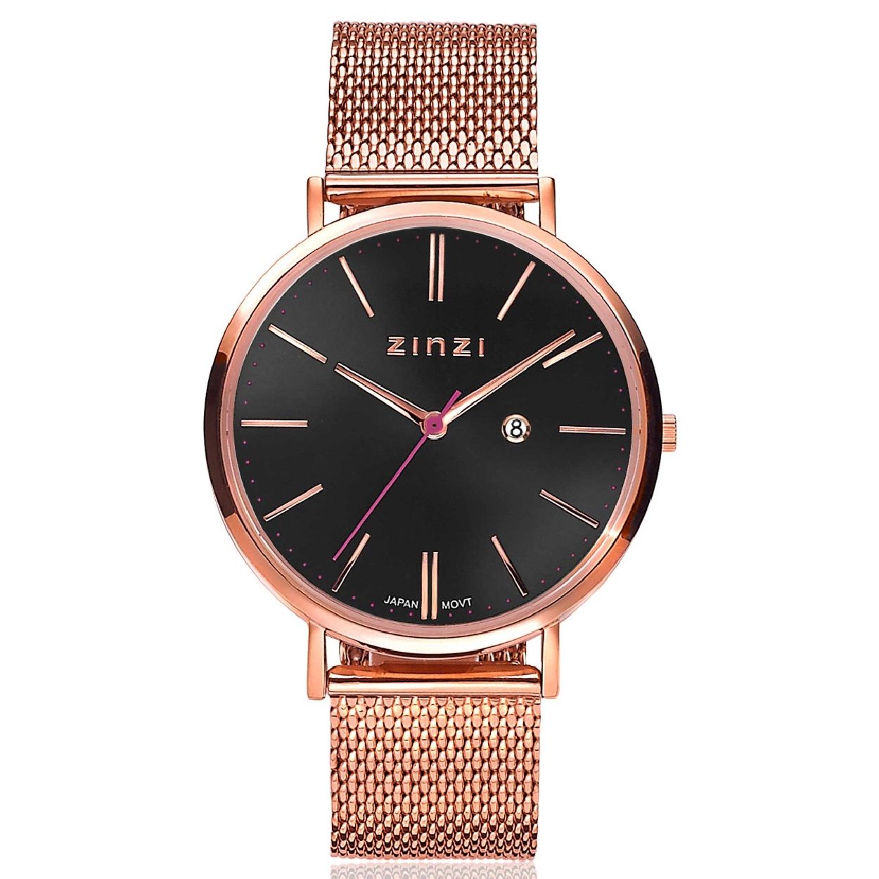 ZINZI Retro horloge zwarte wijzerplaat kast en stalen mesh band rosegoudkleurig 38mm extra dun ZIW404M
