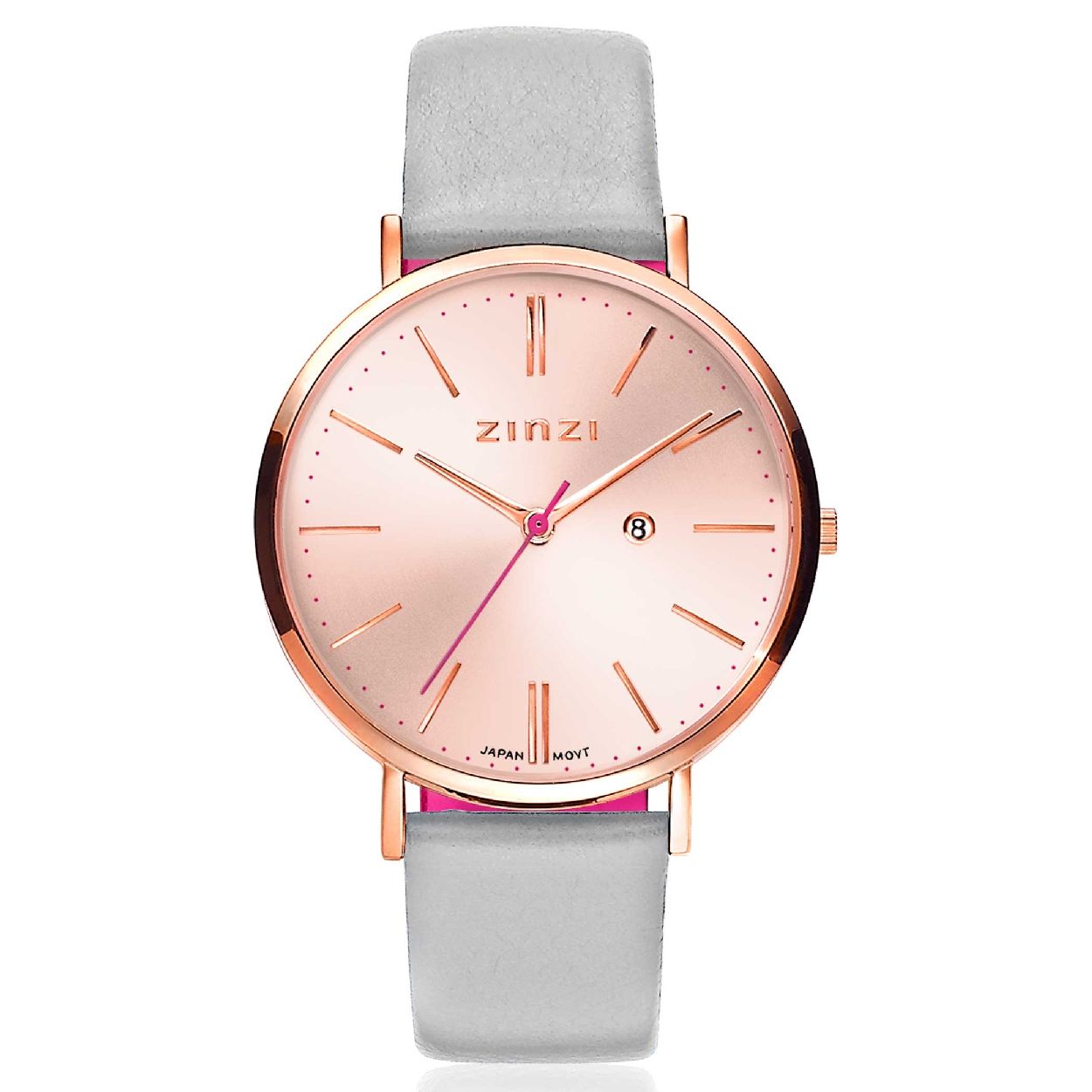 ZINZI Retro horloge rosegoudkleurige wijzerplaat en kast lerenband lichtgrijs 38mm extra dun ZIW405LG