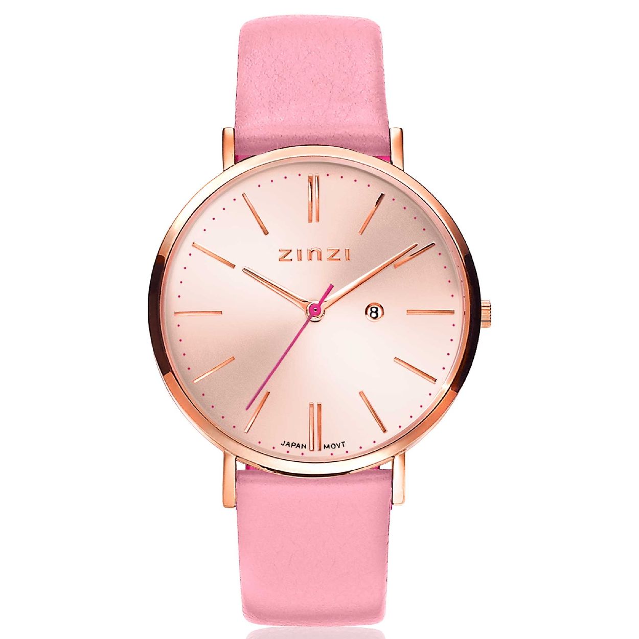 ZINZI Retro horloge rosegoudkleurige wijzerplaat en kast lerenband lichtroze 38mm extra dun ZIW405R