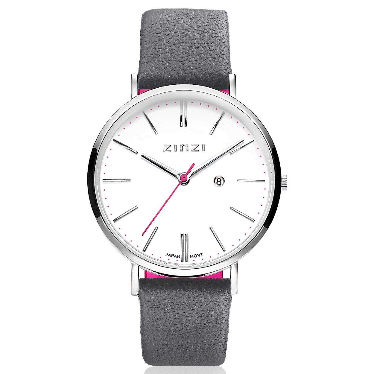 ZINZI Retro horloge witte wijzerplaat stalen kast lerenband grijs 38mm extra dun ZIW406G