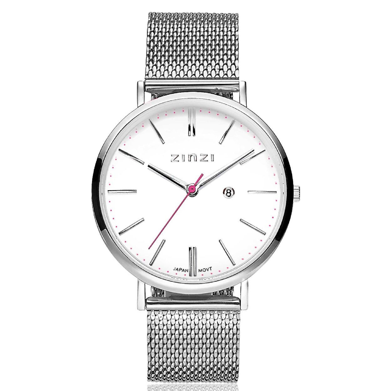 Zinzi Retro horloge witte wijzerplaat stalen kast zilvergekleurd stalen mesh band zilvergekleurd 38mm extra dun ZIW406M