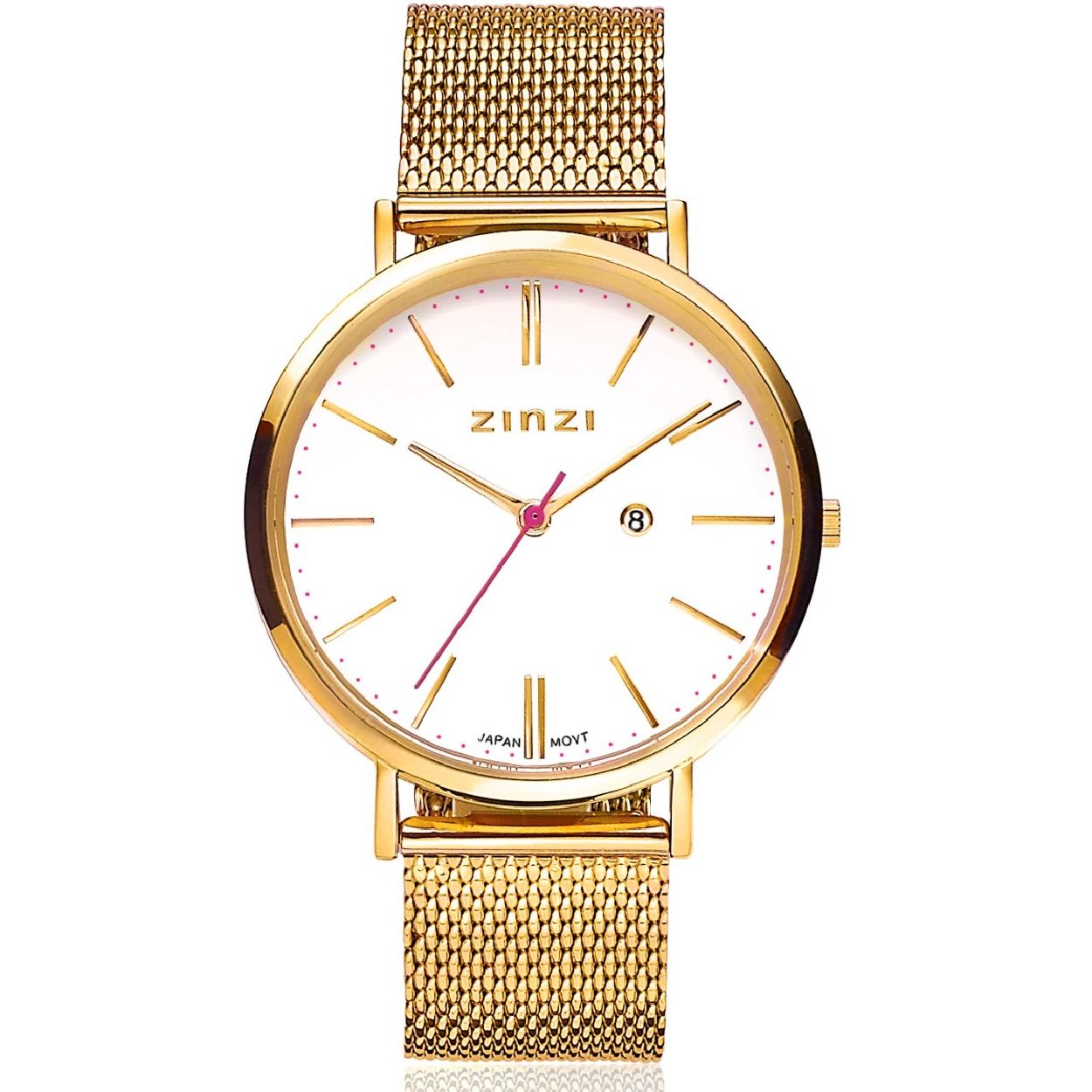 ZINZI Retro horloge witte wijzerplaat en geelgoudkleurige stalen kast stalen mesh band geelgoudkleurig 38mm extra dun ZIW407M