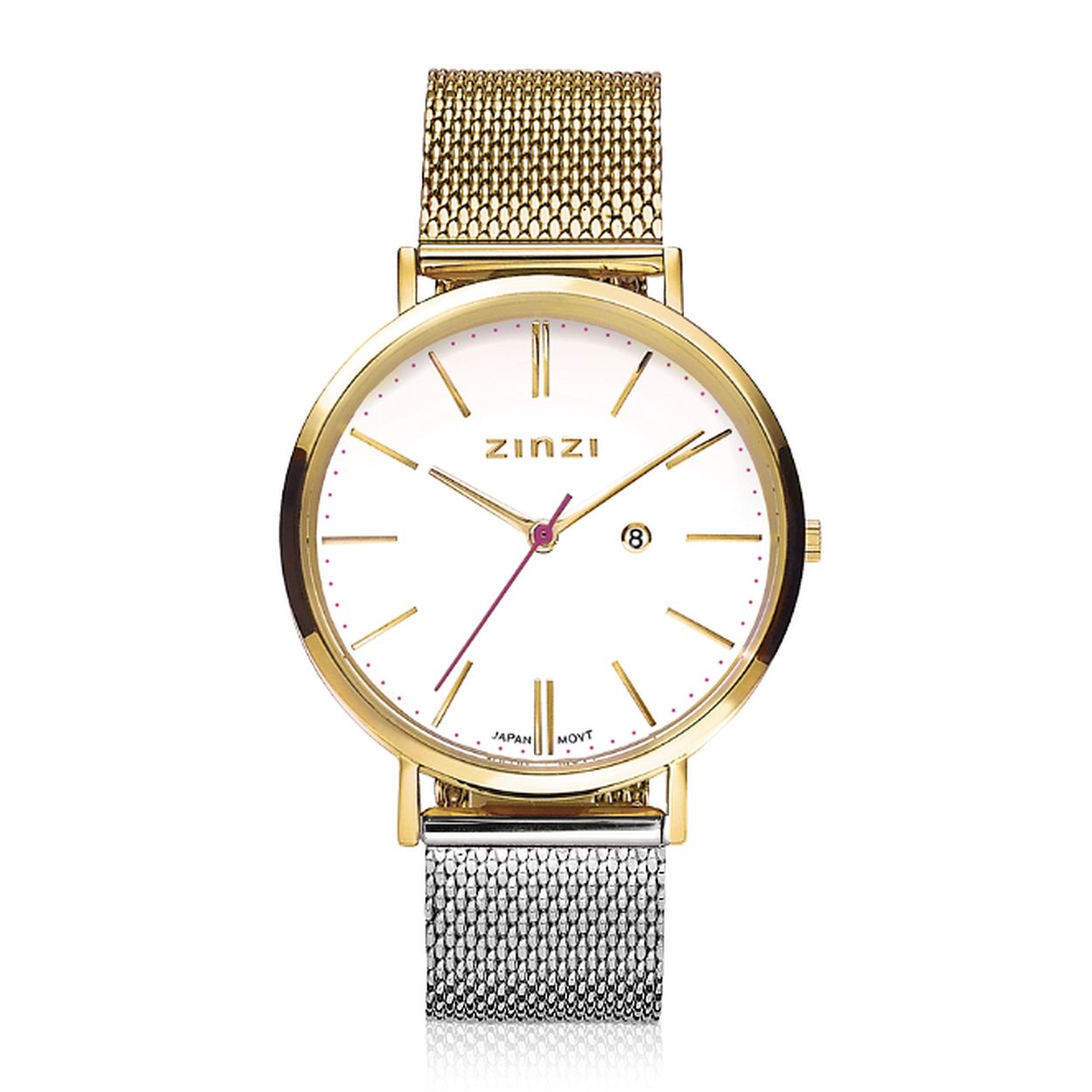 ZINZI Retro horloge witte wijzerplaat en geelgoudkleurige stalen kast stalen mesh band in 2 kleuren 38mm extra dun ZIW407MZ