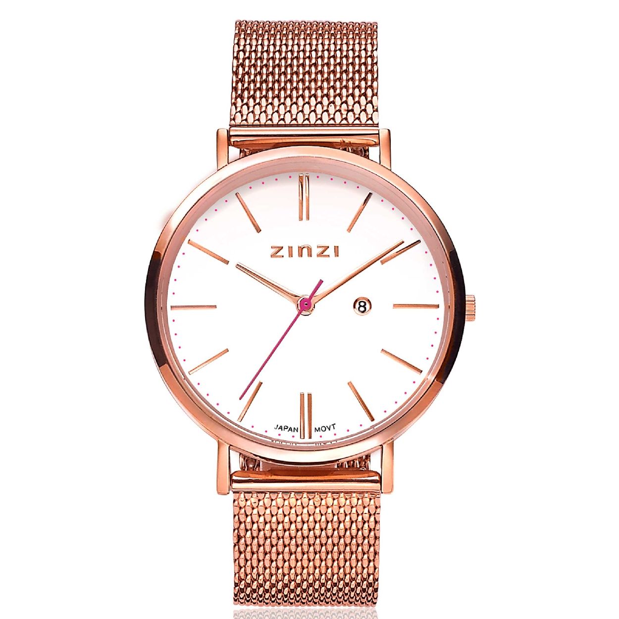 ZINZI Retro horloge witte wijzerplaat stalen kast rosegoudgekleurd stalen mesh band rosegoudgekleurd 38mm extra dun ZIW408M