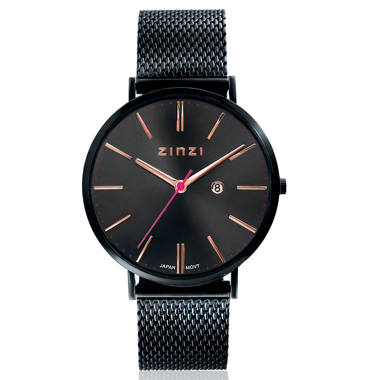 ZINZI Retro horloge zwarte wijzerplaat en zwarte stalen kast zwarte stalen mesh band 38mm extra dun ZIW409M