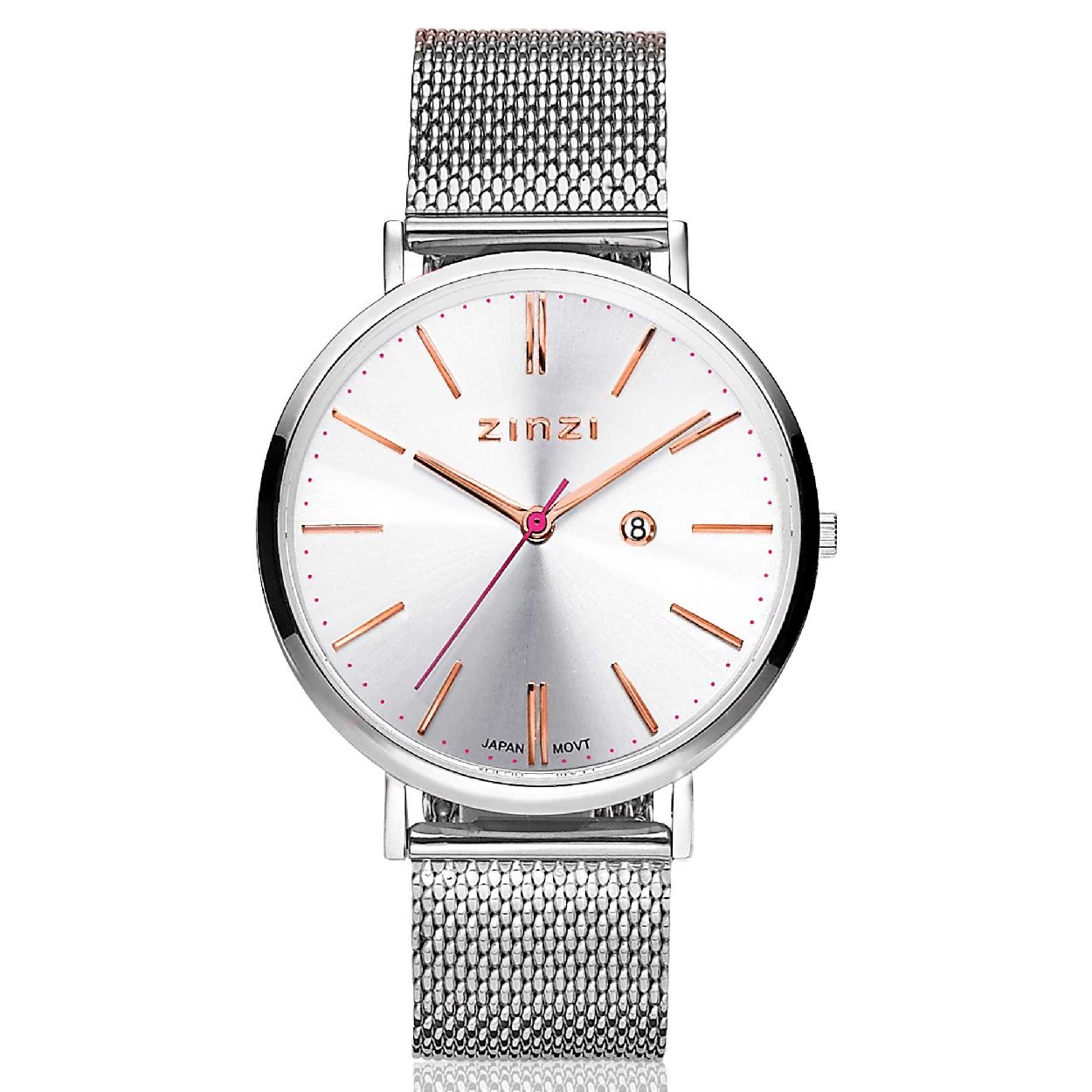 ZINZI Retro horloge zilver gekleurde wijzerplaat en kast  met rose wijzers stalen mesh band 38mm extra dun ZIW412M