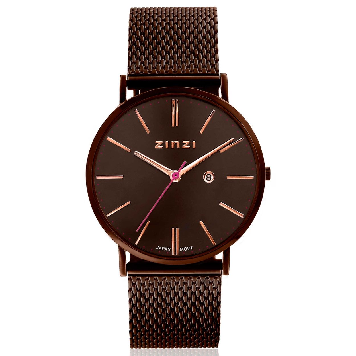 ZINZI Retro horloge bruin gekleurde wijzerplaat met rose wijzers en bruine stalen mesh band 38mm extra dun ZIW415M