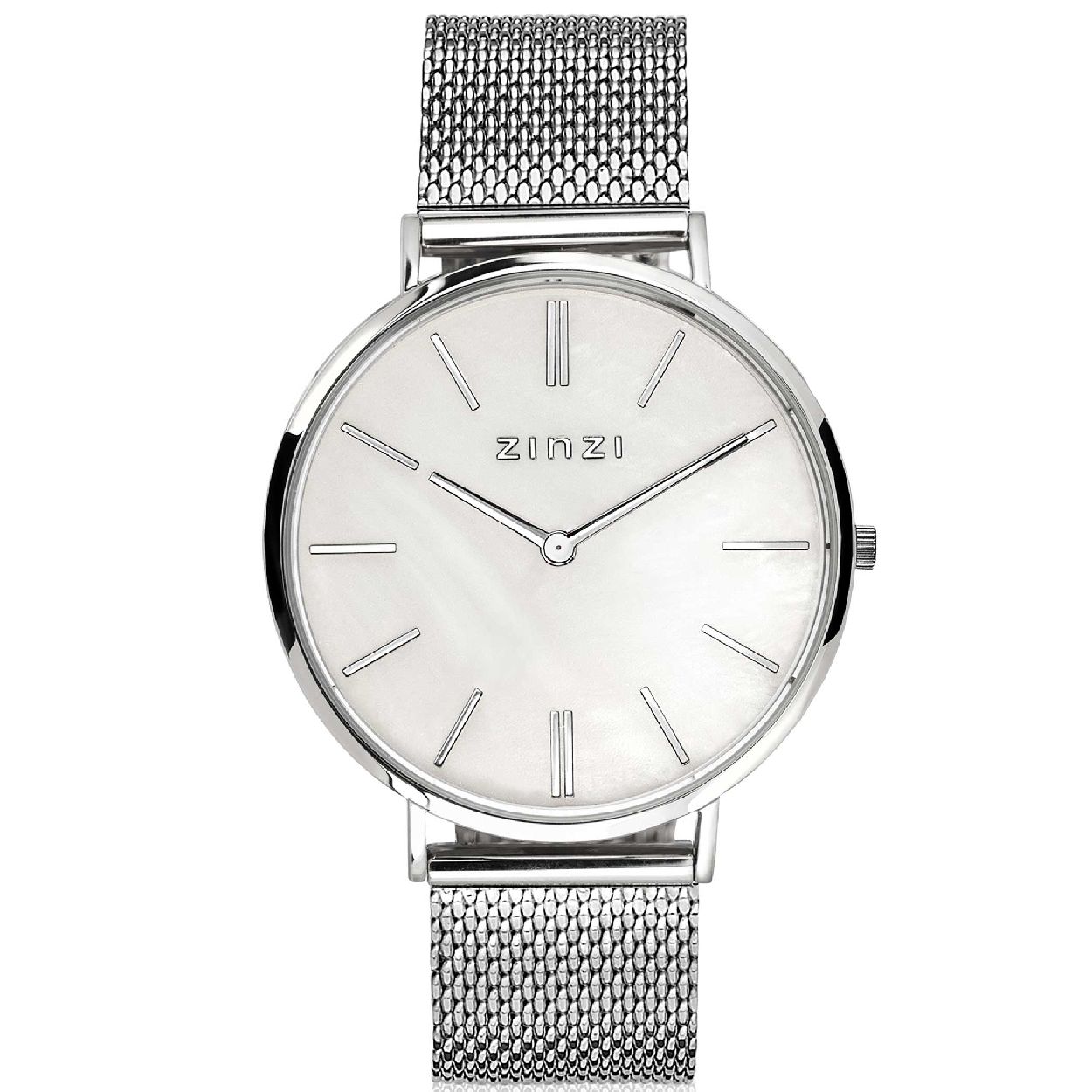 Zinzi Retro horloge witte parelmoer wijzerplaat met zilverkleurige wijzers en stalen mesh band 38mm extra dun ZIW417M