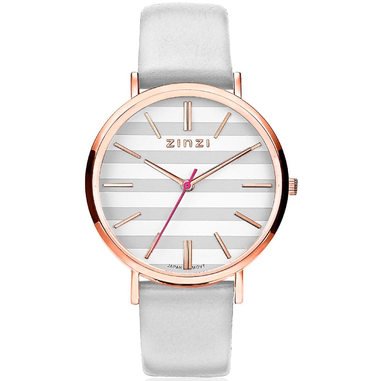 ZINZI Retro horloge grijs-wit gestreepte wijzerplaat rosegoudkleurige kast leren mesh band lichtgrijs 38mm extra dun ZIW420LG