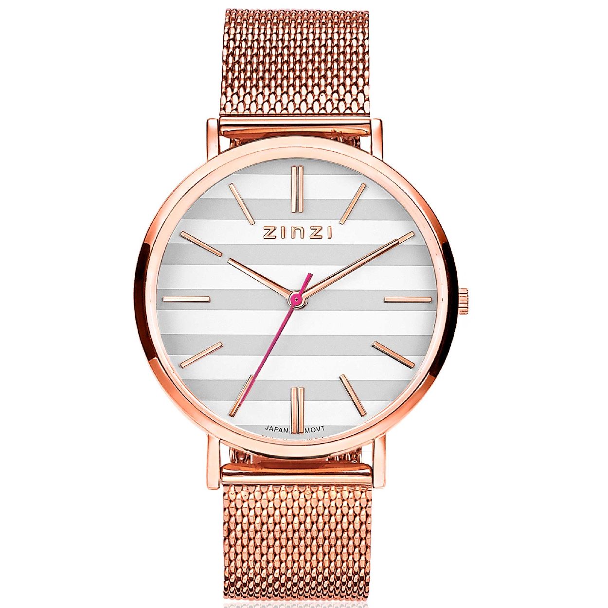 ZINZI Retro horloge grijs-wit gestreepte wijzerplaat rosegoudkleurige kast stalen mesh band rosegoudkleurig 38mm extra dun ZIW420M