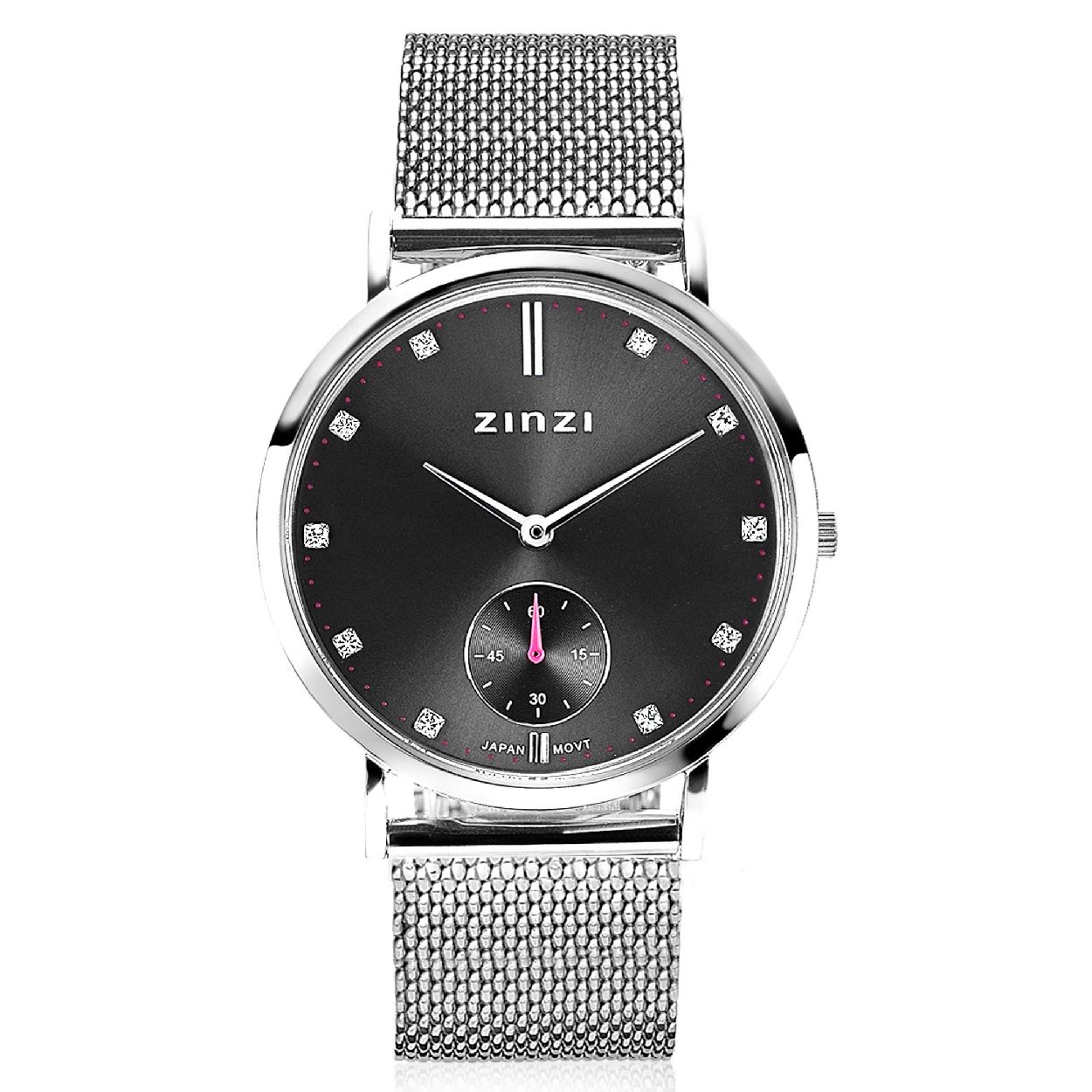 Zinzi Retro Crystal horloge donkergrijze wijzerplaat en kast stalen mesh band, witte crystals bij uuraanduiding, extra secondemeter, 38mm extra dun ZIW424M