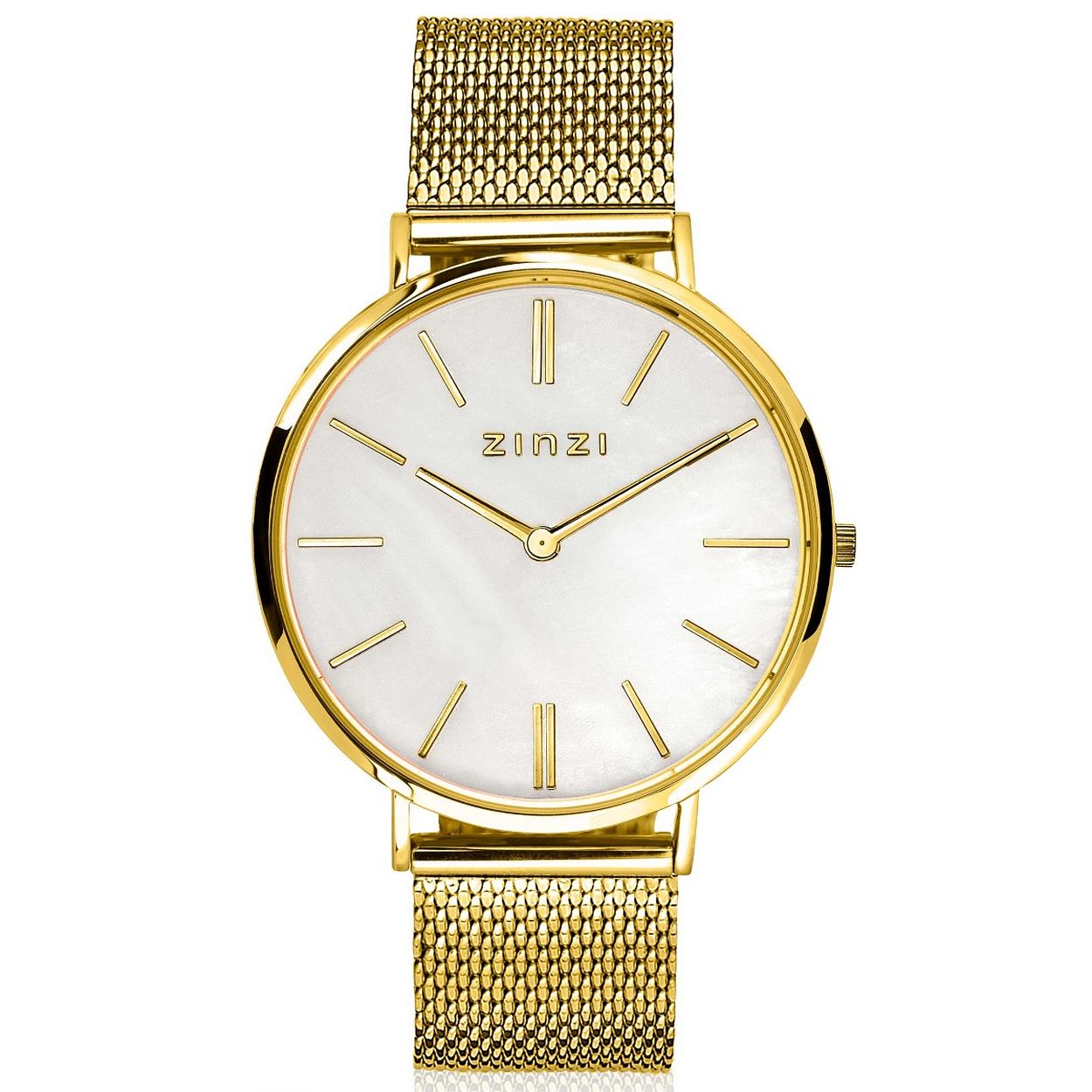 Het nieuwe ZINZI Retro horloge is klassiek, trendy en tijdloos tegelijk. Geïnspireerd op de 'seventies', maar met de bekende ZINZI touch ontworpen. Het extra dunne Japanse uurwerk met datum en de platte ronde stalen geelgoudkleurige kast (38mm) zorgen voor een elegante maar fashionable look. Voorzien van een witte parelmoer wijzerplaat en geelgoudkleurige stalen mesh band. De band is eenvoudig te verwisselen door het handige schuifsysteem aan de achterkant. Leuk detail: de felroze 'ZINZI' seconde wijzer.
